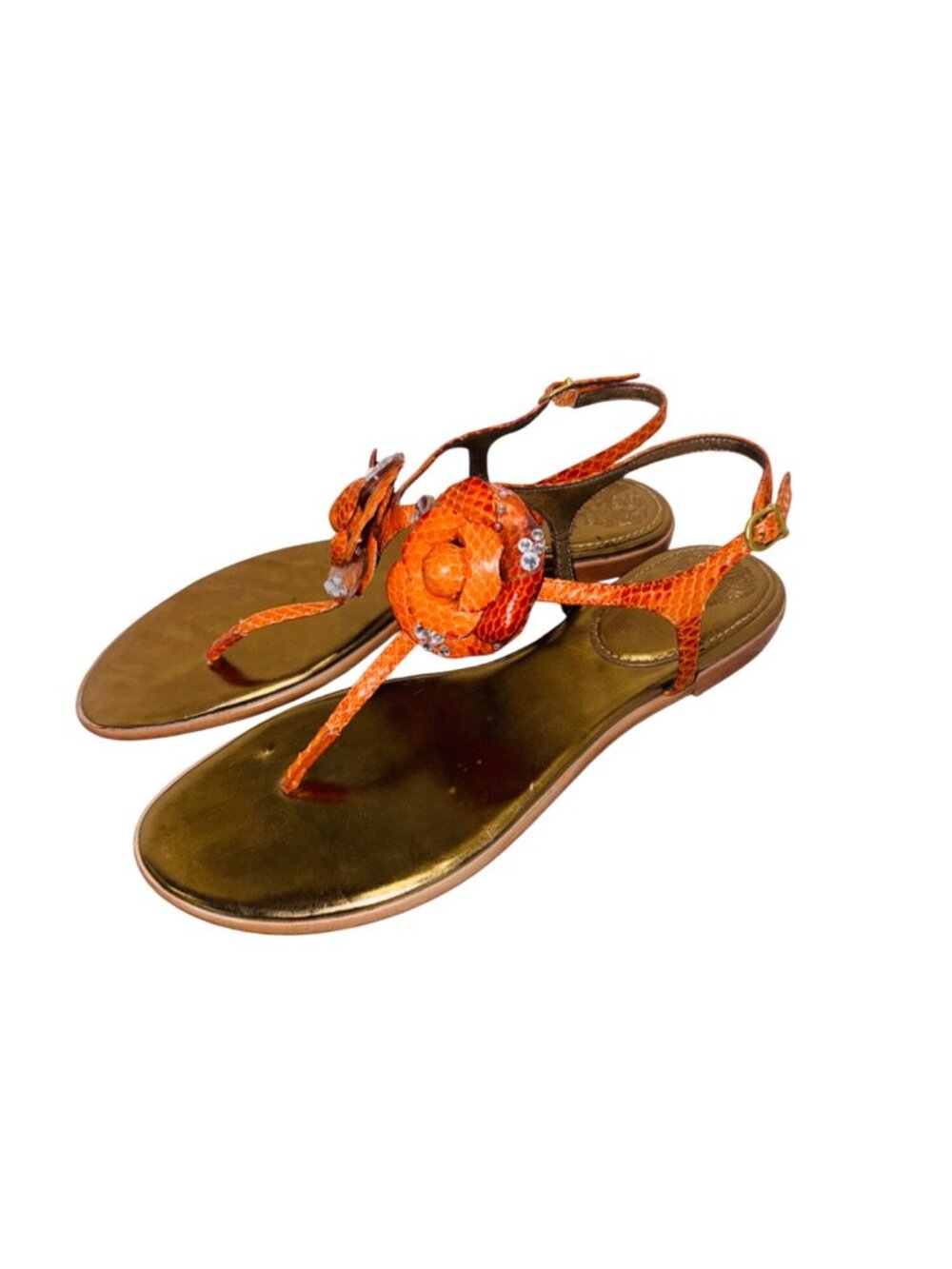Vince Camuto Orange Snake-Embossed Flat Sandal Women 9 Gold Leather Flower Accen - Picture 4 of 11